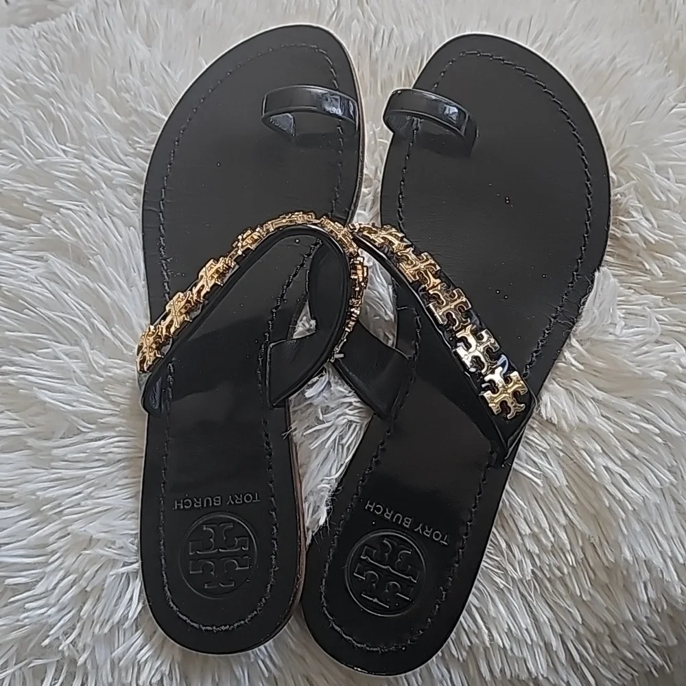 Tory Burch Black Sandal with Gold Logo Accent